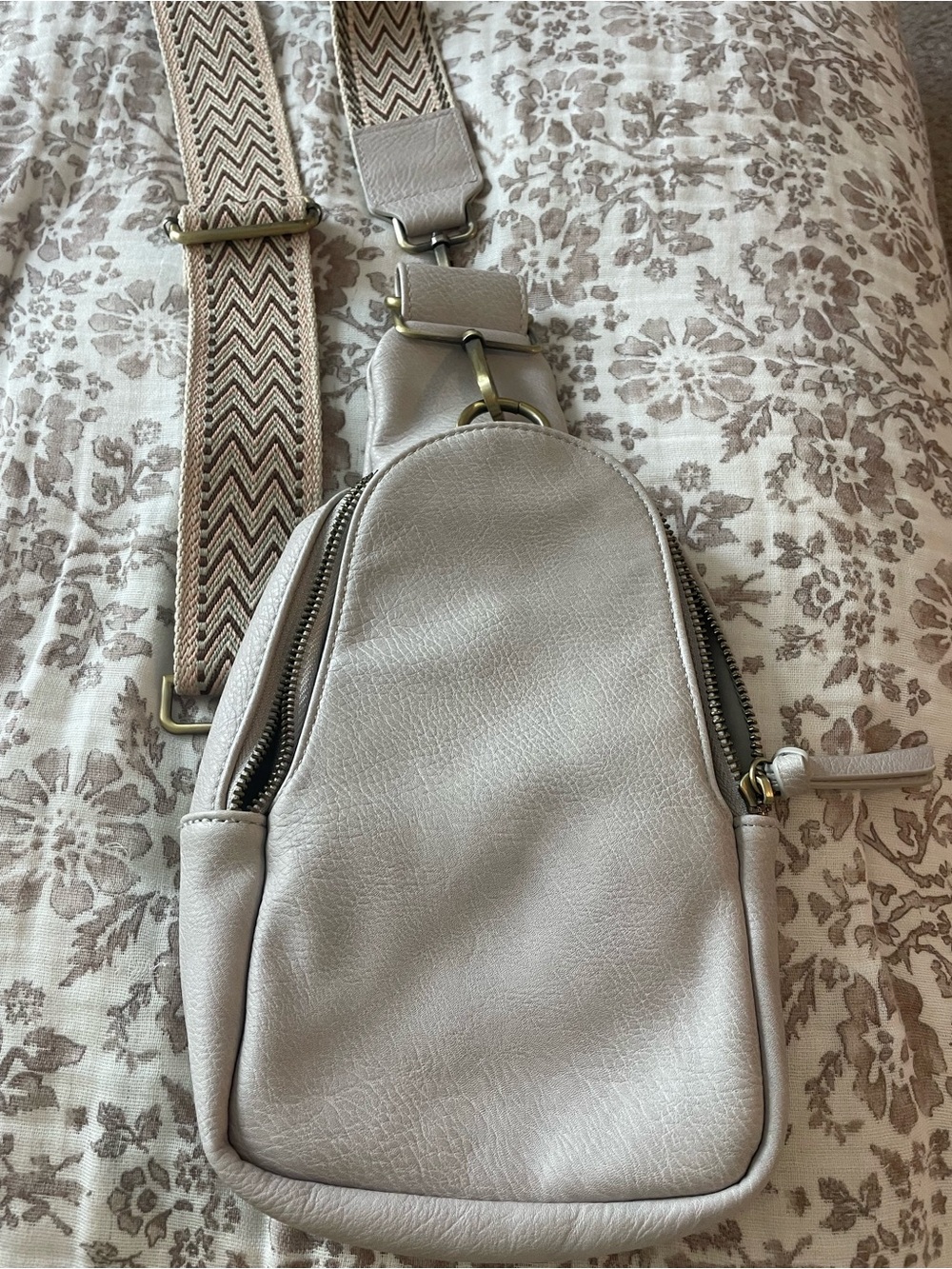 Anthropologie Beige Cream Crossbody Sling Bag with Patterned Strap